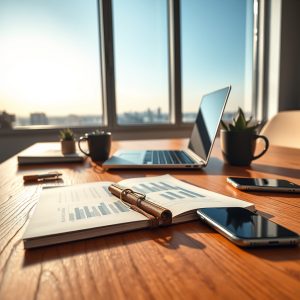 Moderni radni prostor s aluminijskim laptopom, bilješkama i biljkama; SEO optimizacija i web dizajn za rast vašeg poslovanja.