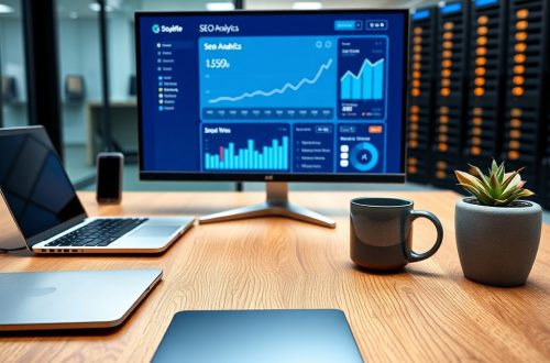 Na drvenom stolu su aluminijski laptop, crna tipkovnica i keramička šalica; monitor prikazuje "Izrada web stranica i SEO optimizacija | Total Media".