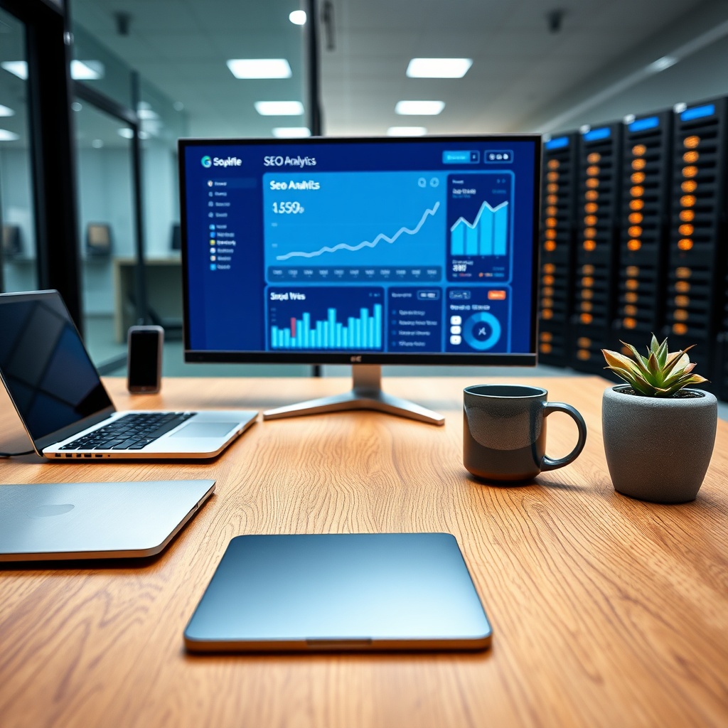 Na drvenom stolu su aluminijski laptop, crna tipkovnica i keramička šalica; monitor prikazuje "Izrada web stranica i SEO optimizacija | Total Media".