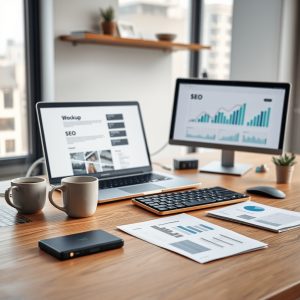 Moderna izrada web stranica + SEO koji donosi rezultate; moderni web dizajn u čistom, suvremenom radnom prostoru.