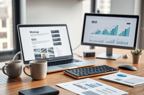 Moderna izrada web stranica + SEO koji donosi rezultate; moderni web dizajn u čistom, suvremenom radnom prostoru.