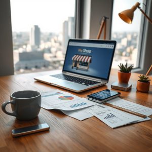 Brushed-aluminijski laptop s web shopom i analitikom na drvenom stolu; šalica kave i KPI listovi u fokusu. Izrada web shopova i SEO optimizacija za veću prodaju; web shop izrada.