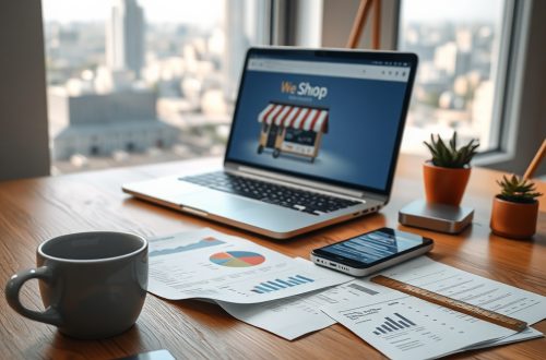Brushed-aluminijski laptop s web shopom i analitikom na drvenom stolu; šalica kave i KPI listovi u fokusu. Izrada web shopova i SEO optimizacija za veću prodaju; web shop izrada.