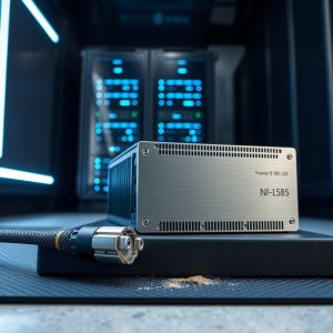 Kompaktni aluminijski serveri i NVMe SSD na crnom betonskom podu, s optičkim kabelom; brza i optimizirana web rješenja za vaše poslovanje.