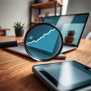 Stakleni povećalo na laptopu, naglašava analitičku krivulju za SEO optimizaciju, uz tople drvene tonove i suvremeni dizajn.