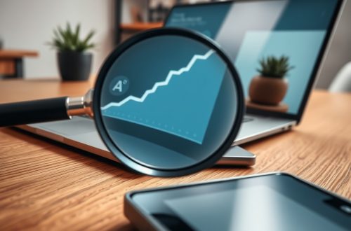 Stakleni povećalo na laptopu, naglašava analitičku krivulju za SEO optimizaciju, uz tople drvene tonove i suvremeni dizajn.