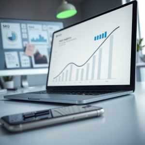 Zatvoreni laptop prikazuje praznu analitiku s pitanjem "zašto web stranica nema posjetitelja" u hladnom radnom prostoru.