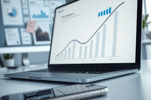 Zatvoreni laptop prikazuje praznu analitiku s pitanjem "zašto web stranica nema posjetitelja" u hladnom radnom prostoru.