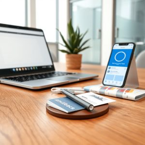 Makro prikaz aluminijskog laptopa i pametnog telefona s praznim web stranicama ili Facebookom na radnom stolu od hrasta.