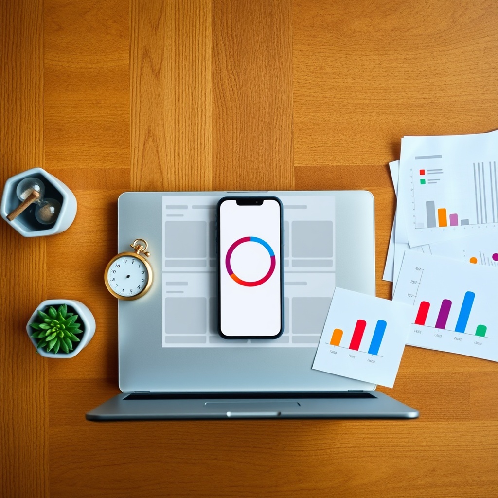 Tidy digital workspace s pametnim telefonom, satom, satnom staklenkom i laptopom, fokus na SEO greške i brzinu učitavanja.