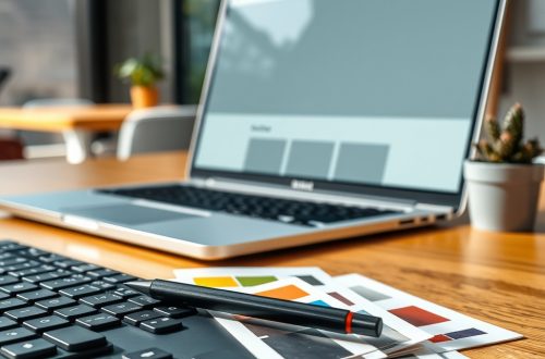 Makro fotografija prijenosnog računala s praznim mockupom web stranica, na drvenom stolu, s fokusom na detalje.