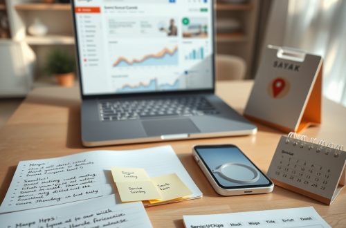 Laptop s SEO dashboardom, bilježnica i mobitel na stolu u apartmanu za seo optimizacija.