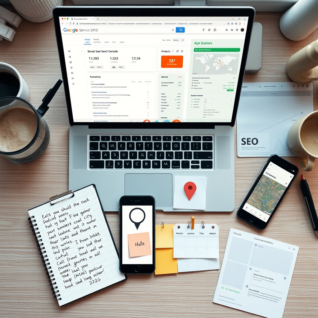 seo optimizacija plana na stolu: laptop, mobitel, bilješke ključnih riječi i lokalna karta.