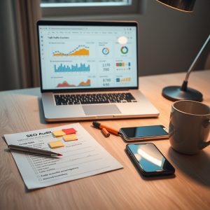 Uredski stol sa SEO auditom za seo agencija, checklistom, bilješkama i kavom.