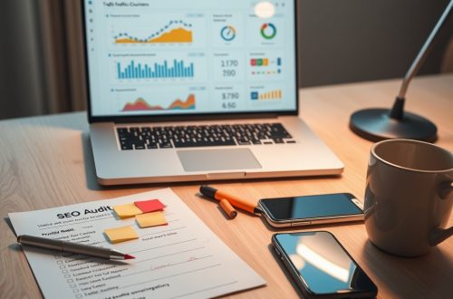 Uredski stol sa SEO auditom za seo agencija, checklistom, bilješkama i kavom.