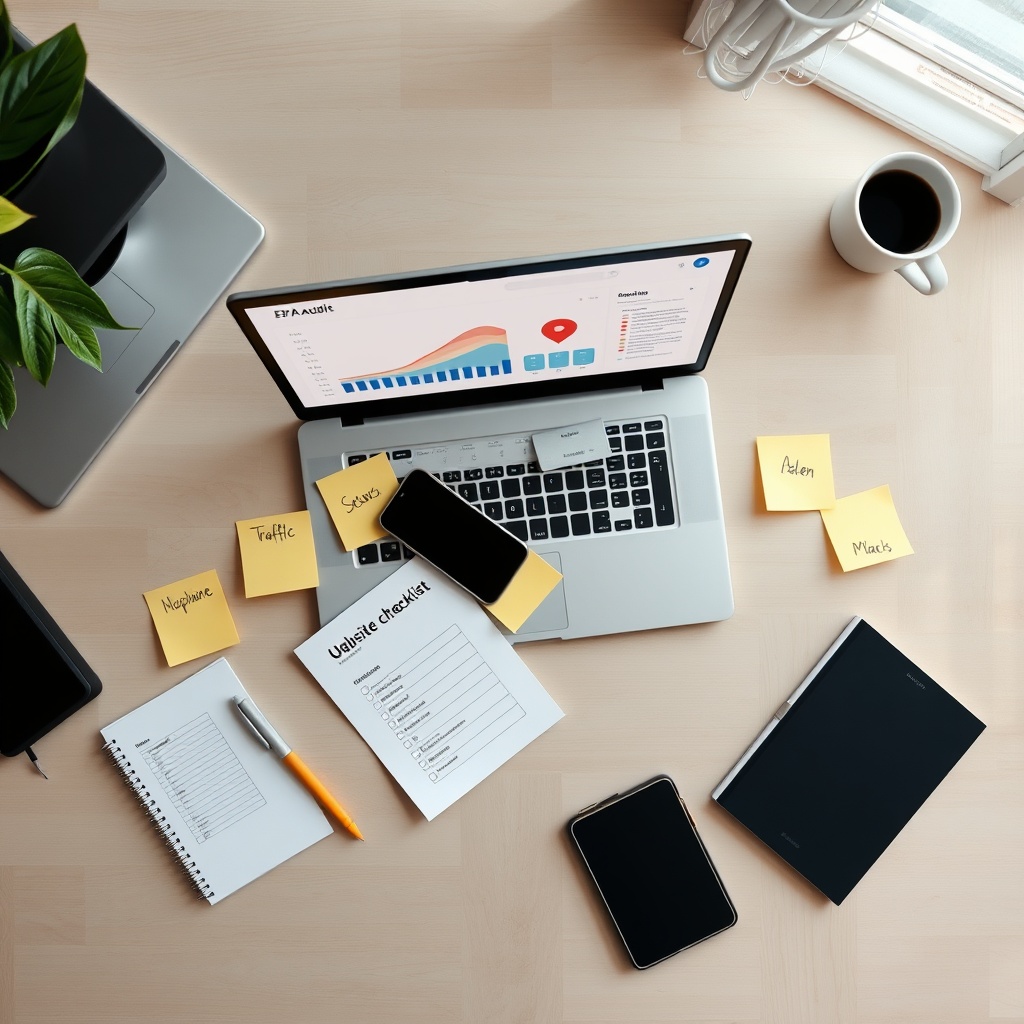 seo agencija: uredski stol s laptopom, SEO dashboardom, mobitelom, bilješkama i kavom